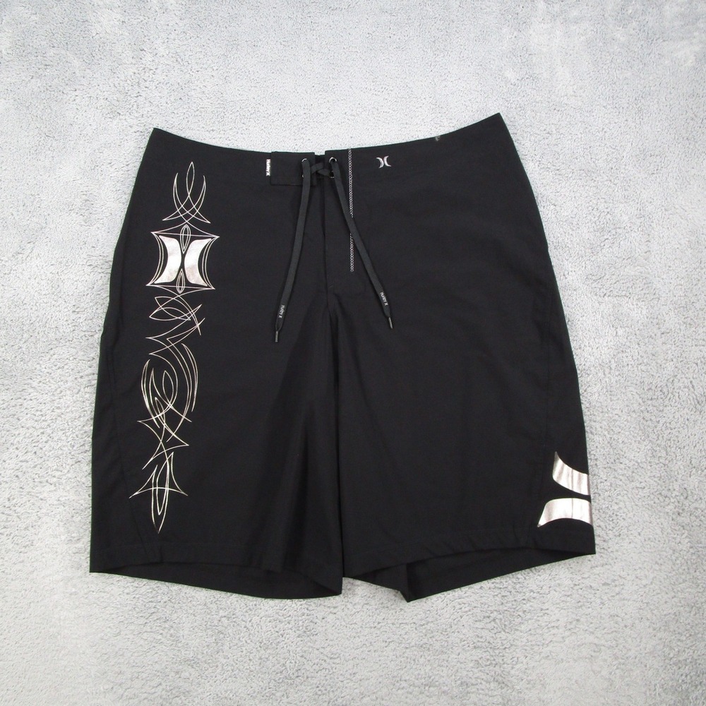 Hurley Phantom Board Shorts Mens 40 Black Silver Tribal Graphic Swim Trunks